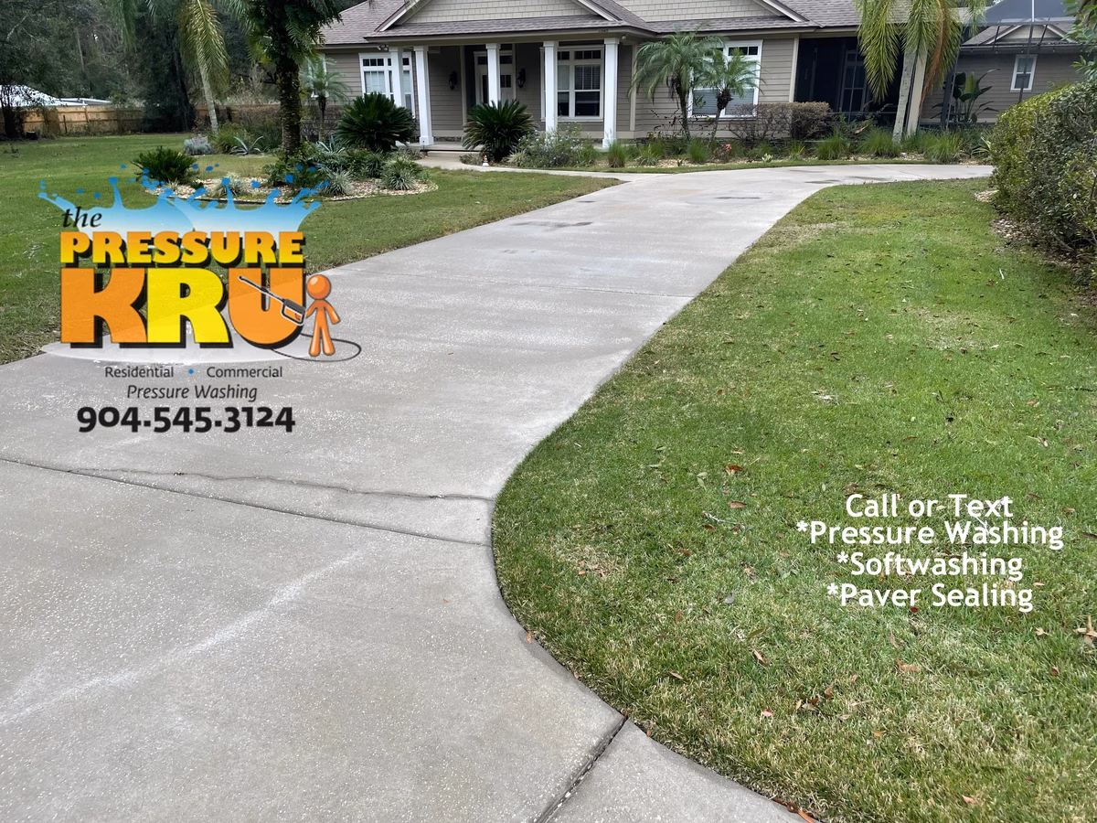 Amazing concrete cleaning of driveway in St. Augustine, FL after removing years of organic growth.