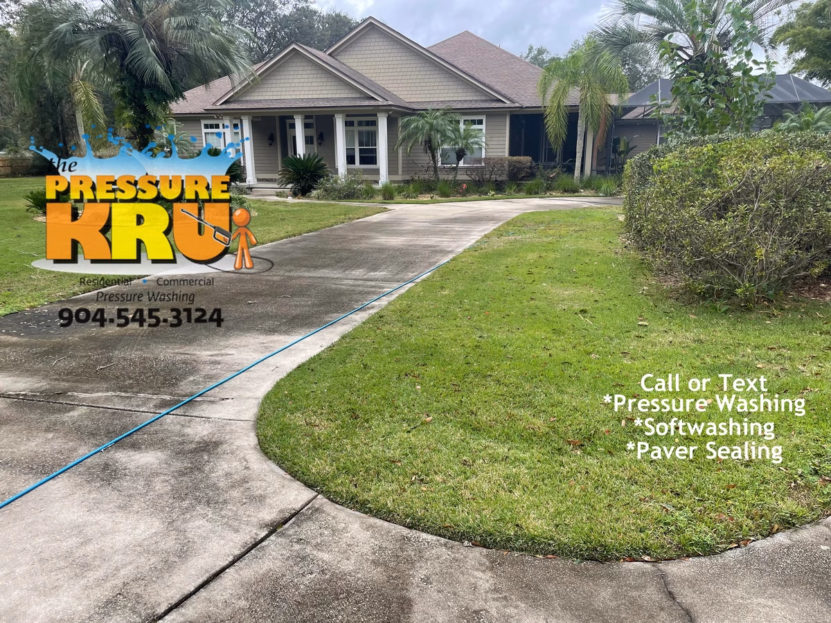 Amazing concrete cleaning of driveway in St. Augustine, FL before removing years of organic growth.