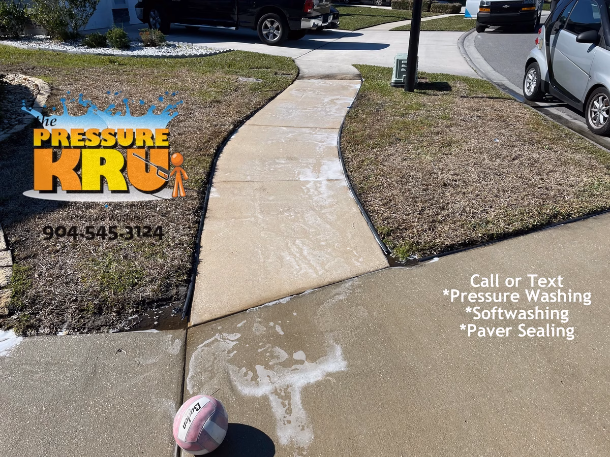 Cleaning concrete driveway in Saint Johns, FL removing all organic stains. After soft wash post chemical treatment.