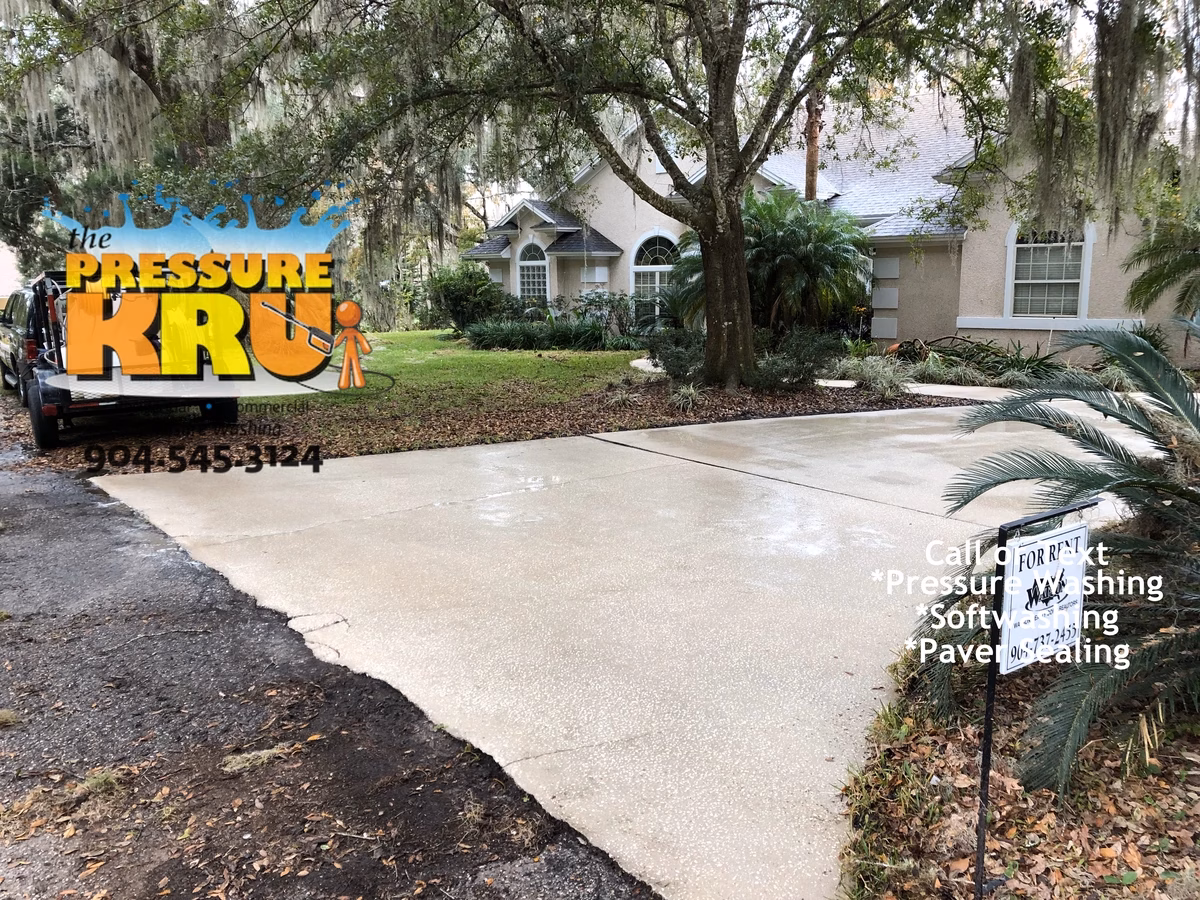 Driveway pressure washing in St. Johns, FL after removing years of black algae and organic stains.