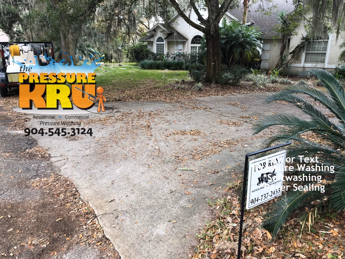 Driveway pressure washing in St. Johns, FL before removing years of black algae and organic stains.
