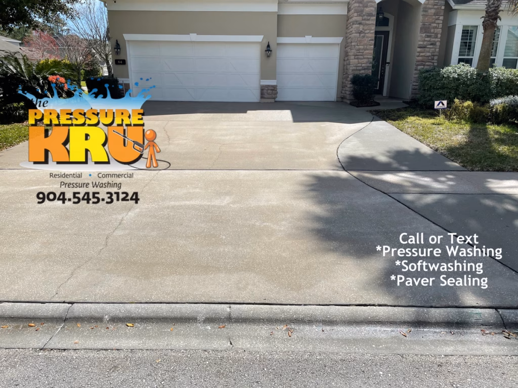 Before professional driveway cleaning in St. Augustine, FL removing prior cleaners swirl marks.
