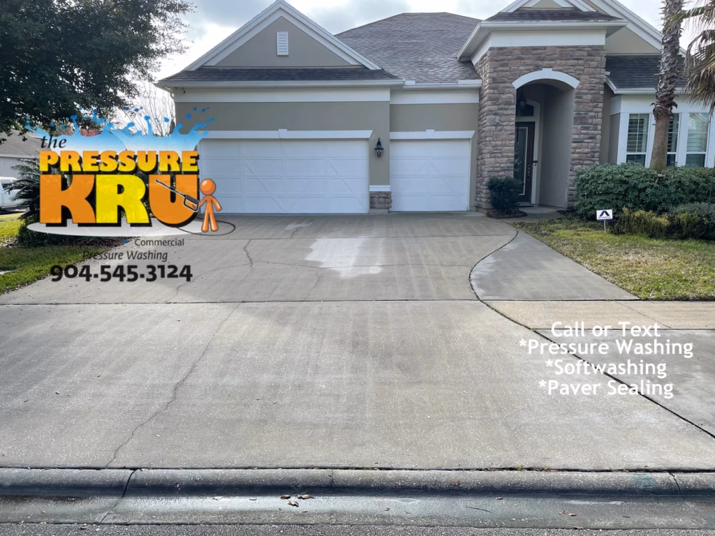 Before professional driveway cleaning in St. Augustine, FL removing prior cleaners swirl marks.