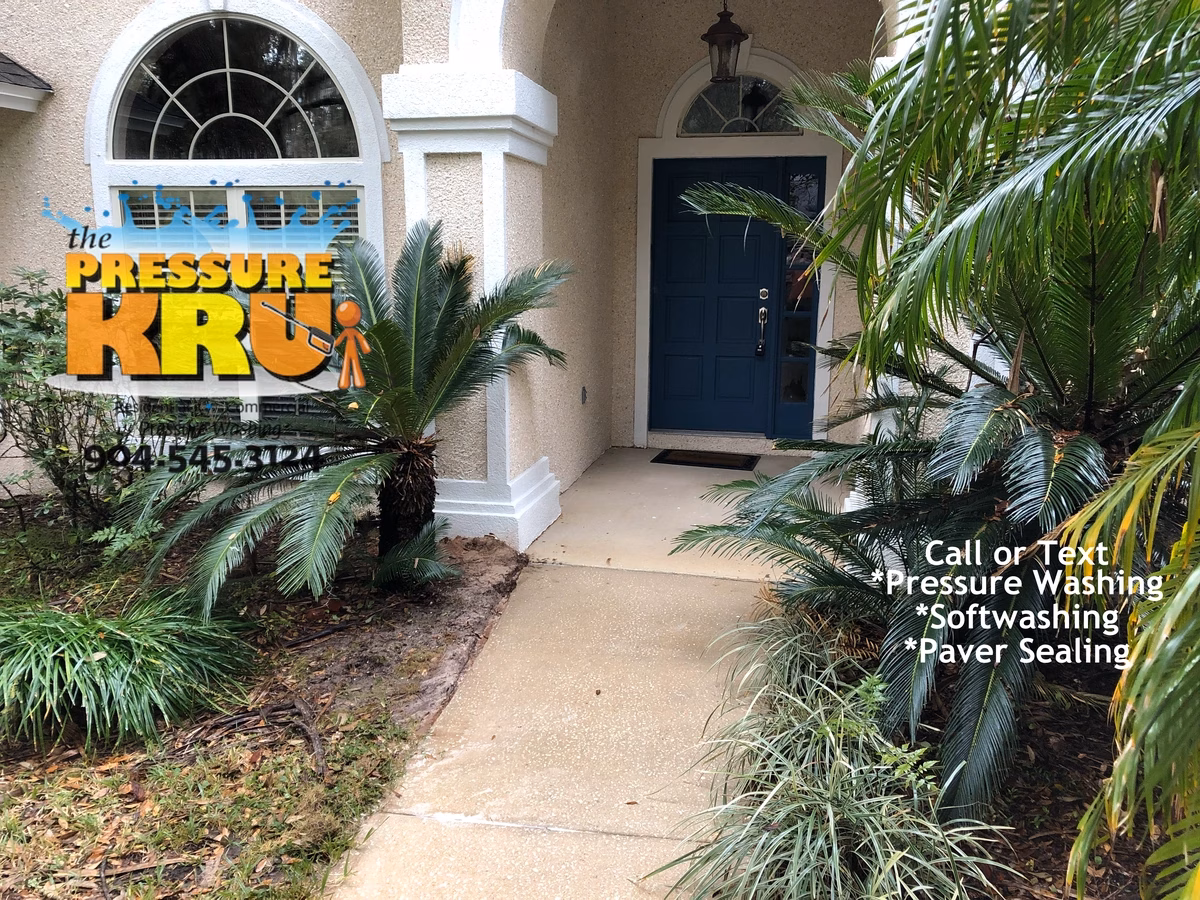 Pressure washing concrete sidewalk and driveway to remove organic staining in St. Johns, FL. After work completed customer can now walk barefooted to mailbox again.