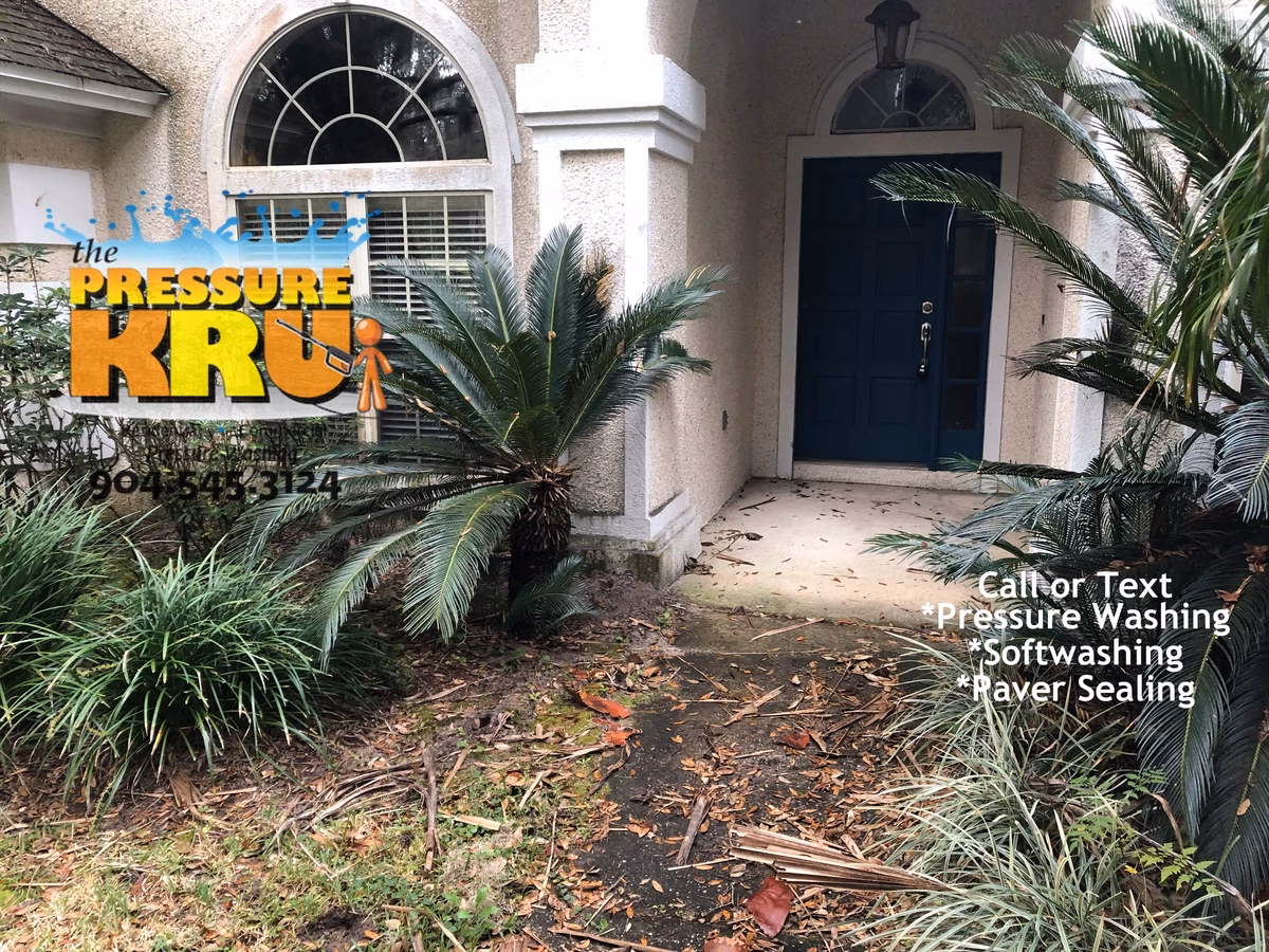 Pressure washing concrete sidewalk and driveway to remove organic staining in St. Johns, FL. Before starting did not even know there was a sidewalk.