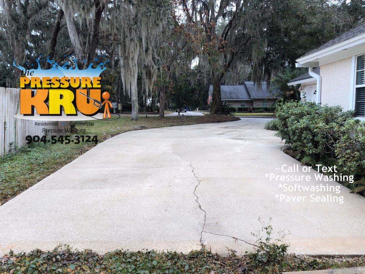 Concrete driveway after pressure washing and mold removal in St. Johns, FL.