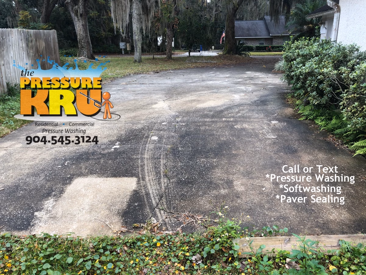Concrete driveway before pressure washing and mold removal in St. Johns, FL.