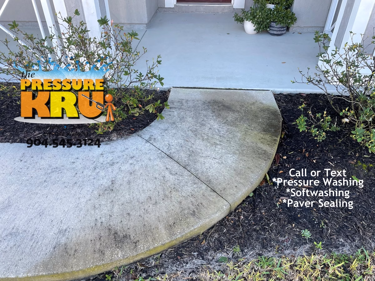 Freshly cleaned sidewalk and driveway in St. Augustine, FL before servicing.