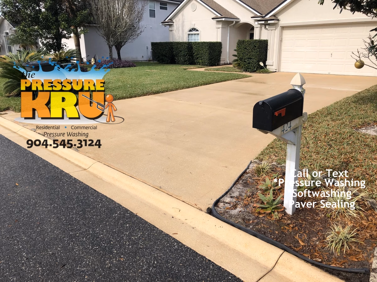 Driveway surface cleaned after soft washing in Jacksonville, FL.