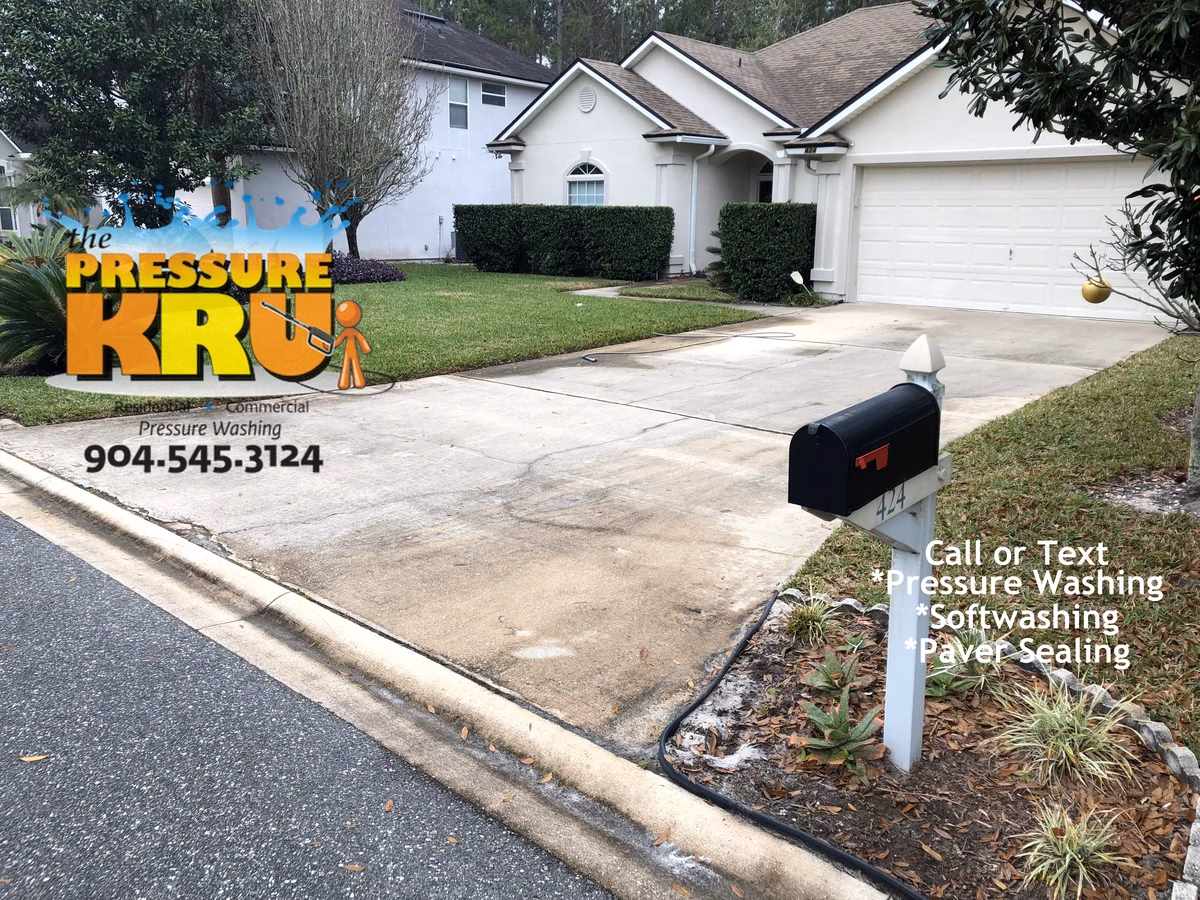 Driveway surface cleaned before soft washing in Jacksonville, FL.
