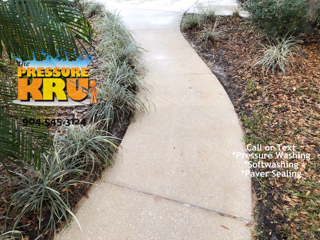 Driveway surface cleaned after pressure washing and soft washing treatment in St. Johns, FL