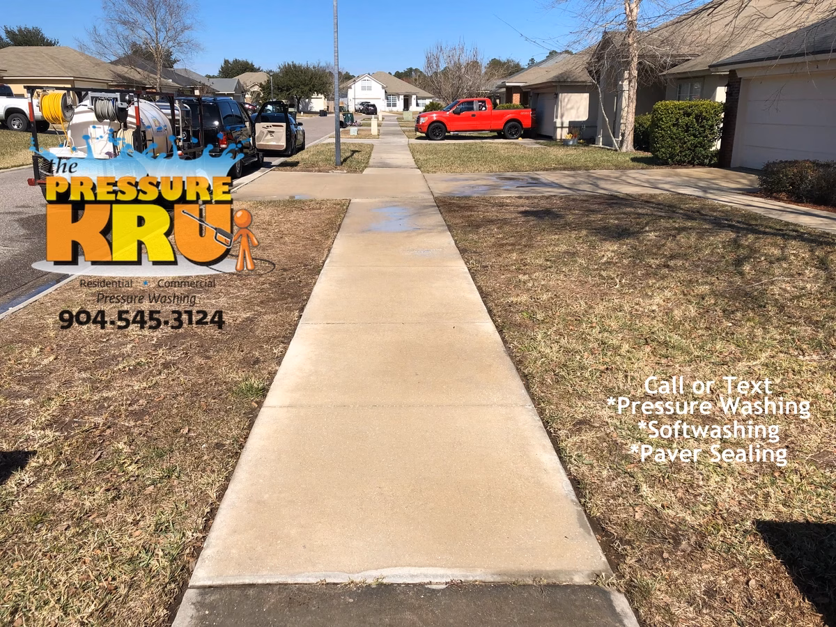 After driveway pressure washing in St. Johns, FL removing years of black algae.