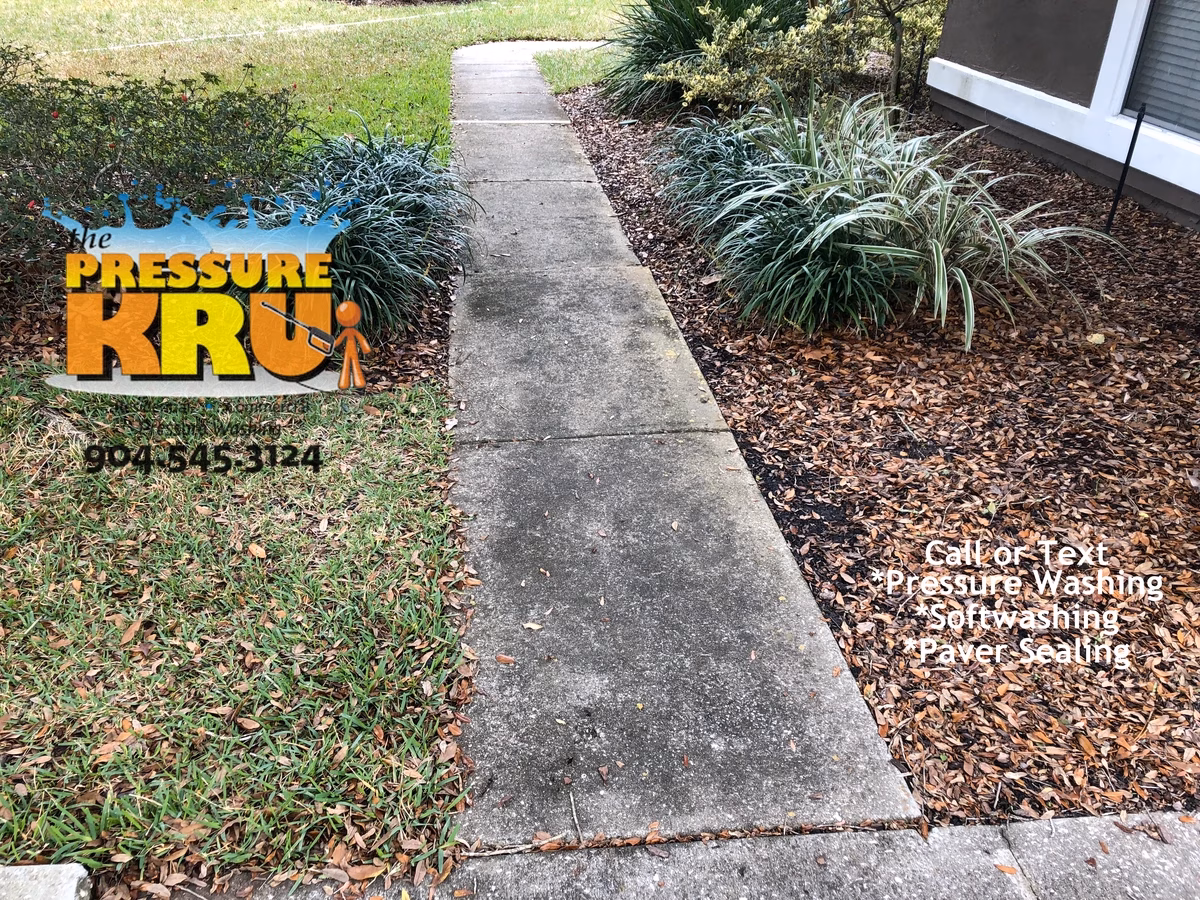 Sidewalk and driveway cleaning in Fruit Cove, FL before professional touches.