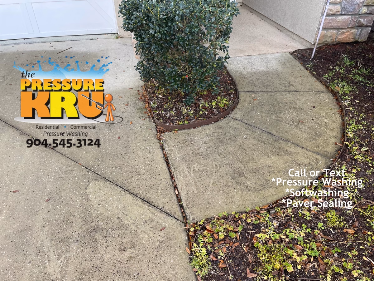 Driveway pressure washing in Ponte Vedra, FL before professional cleaning. Dont spend an entire Saturday morning sweating like a sinner in Church to perform a half hearted job.