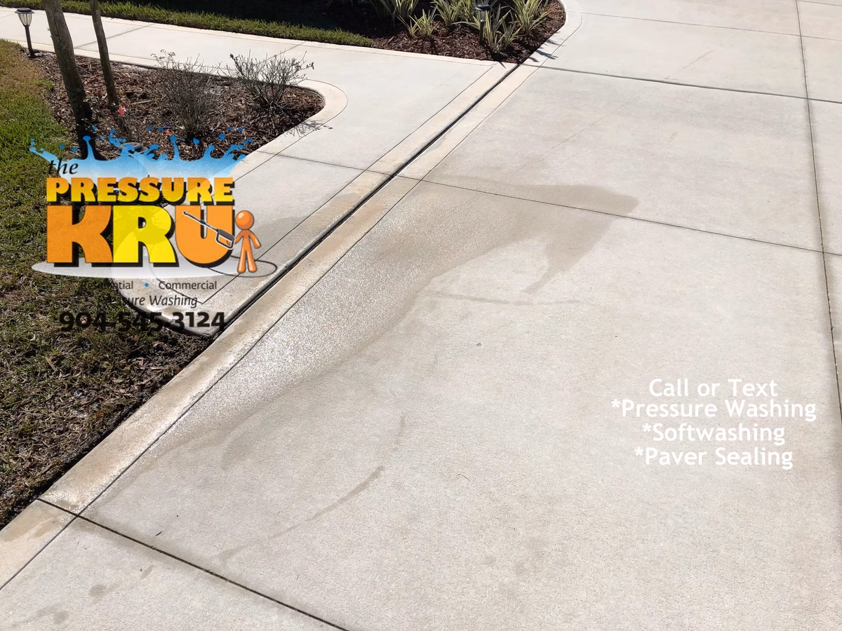 Concrete driveway previously cleaned by home owner in St. Johns, FL. No more wand marks will resurface. Deep embedded mold successfully removed which will result in an even accumulation of mold as we move forward.