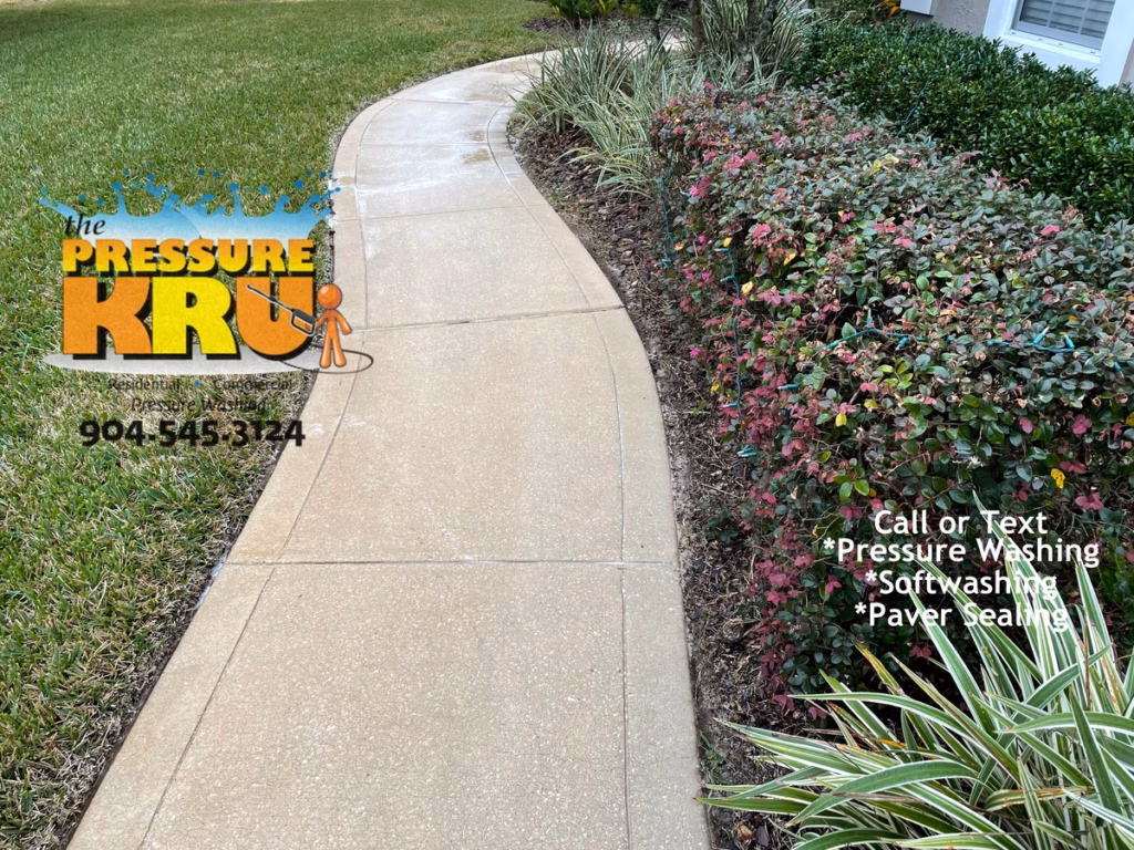 Residential concrete sidewalk and driveway cleaned in St. Augustine, FL. After image showing years of organic growth buildup removed.