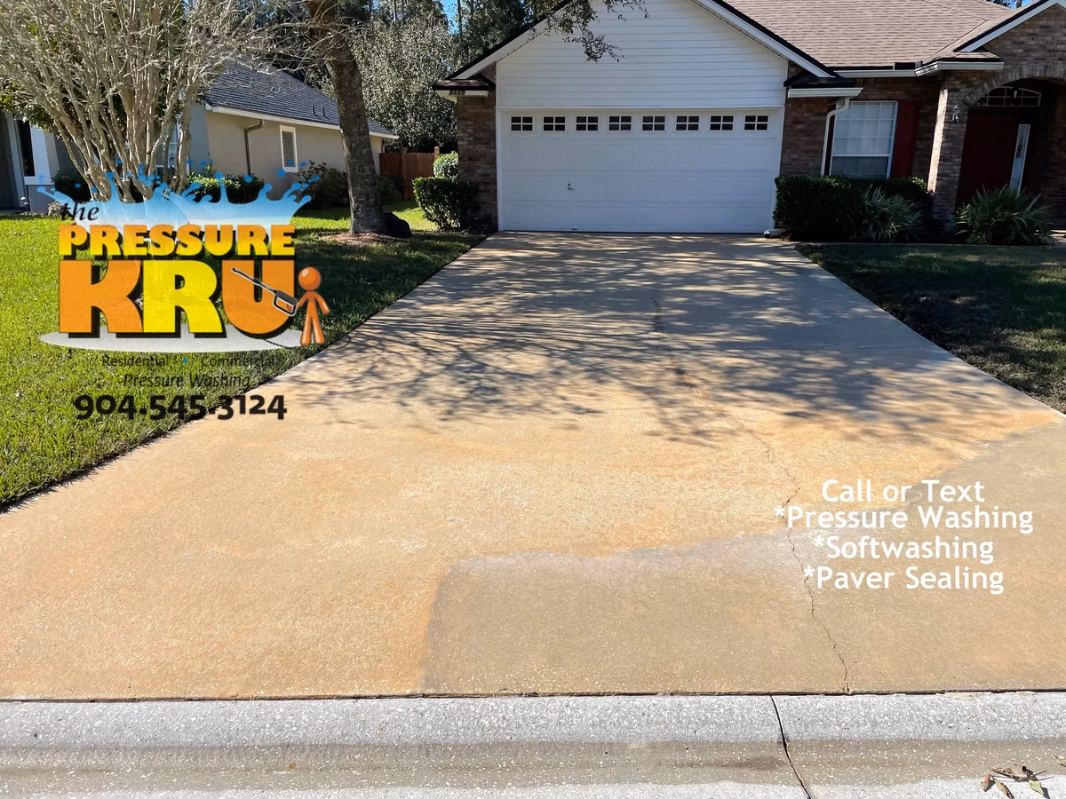 Driveway surface cleaned after soft washing and pressure washing in Jacksonville, FL