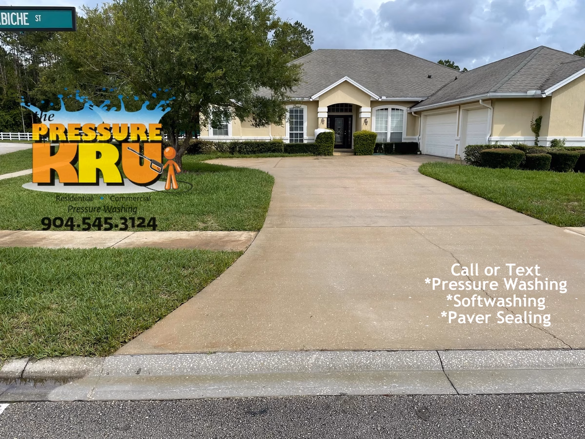 Concrete driveway cleaning after months of algae accumulation in St. Johns, Fl. After cleaning image.