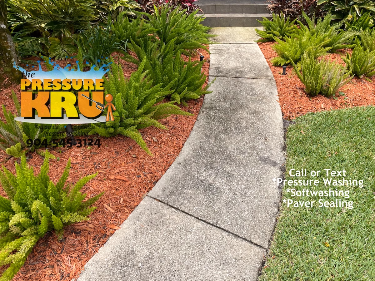 Residential driveway and sidewalks before cleaning in Saint Johns, FL.