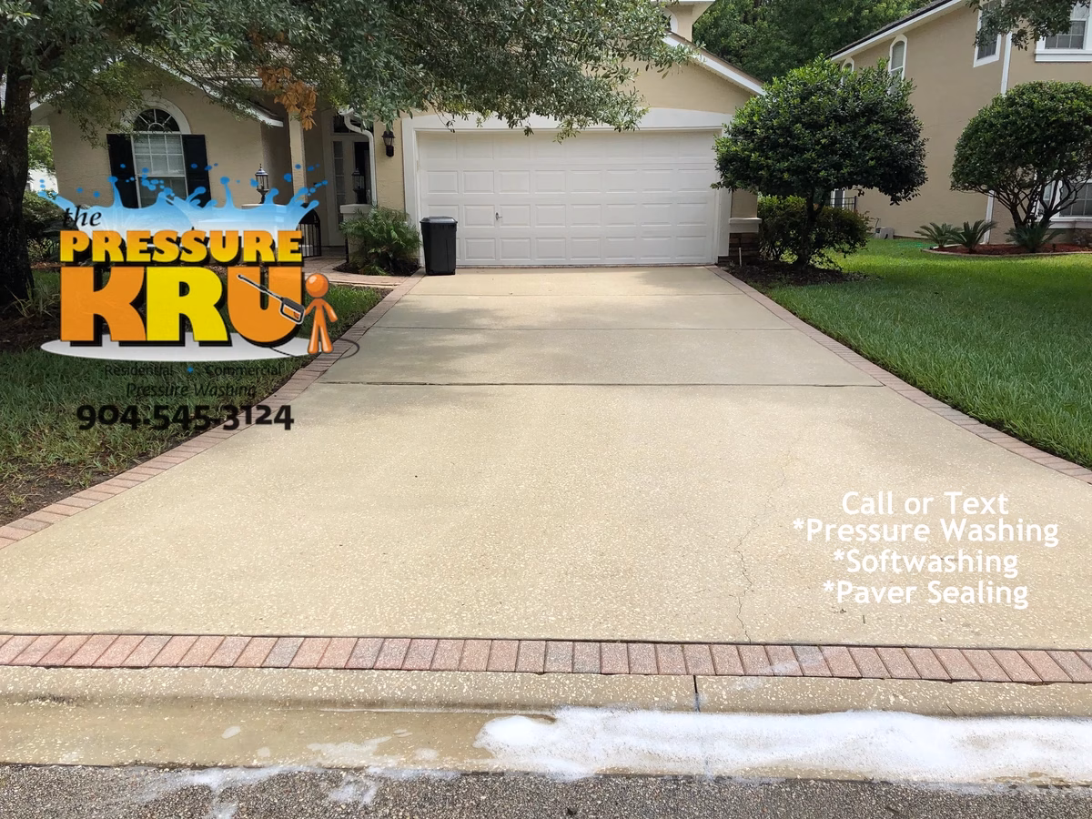 Driveway pressure washing completed for residential property in St. Johns, FL. after cleaning.