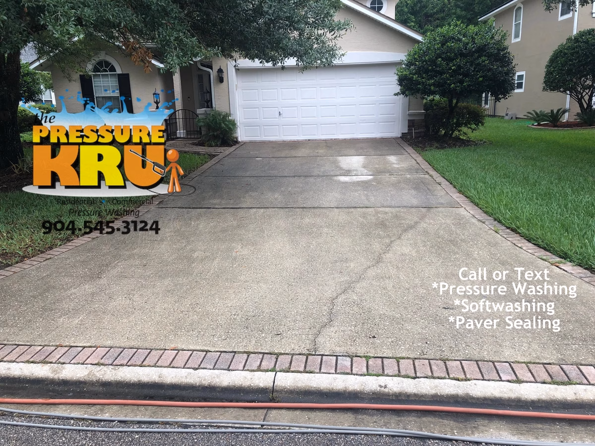 Driveway pressure washing completed for residential property in St. Johns, FL. Before cleaning.