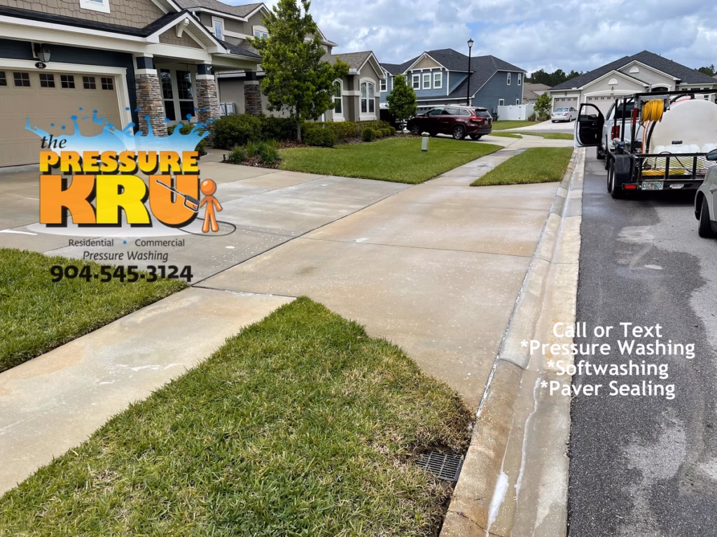 Green Cove Springs, FL neighborhood driveway after pressure washing.