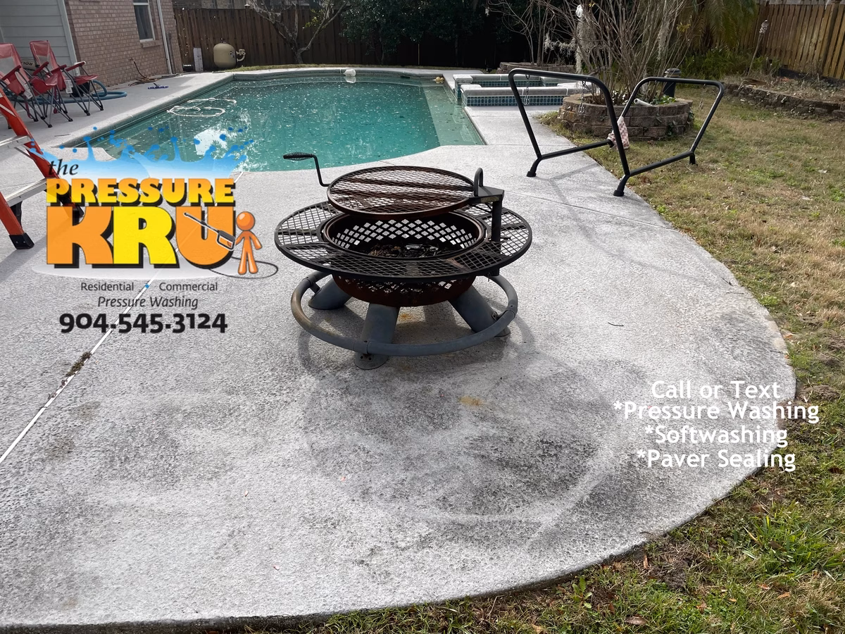 Low-pressure chemical cleaning for an older painted pool deck or cementitious coating in Durbin Park before