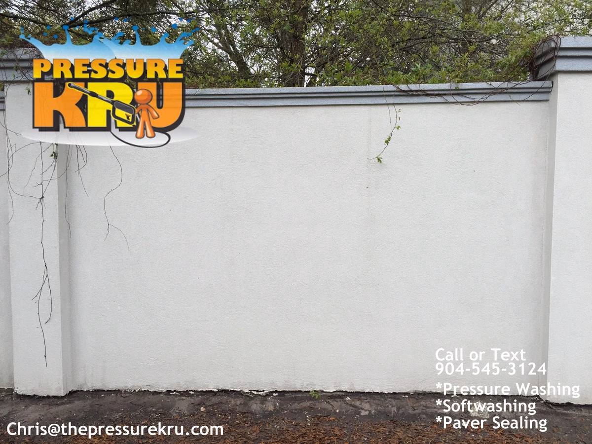 Stucco fence cleaning in Mandarin FL after low-pressure soft washing