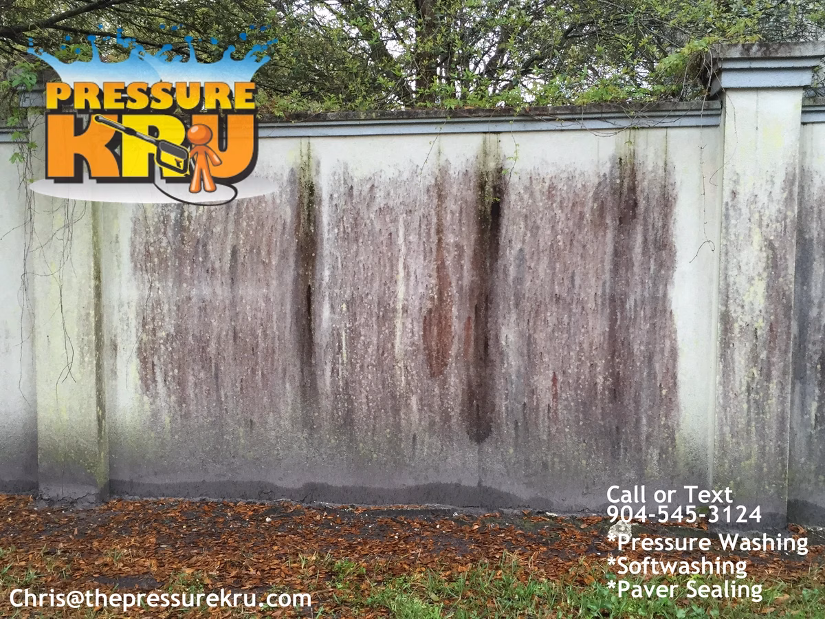 Stucco fence cleaning in Mandarin FL before low-pressure soft washing