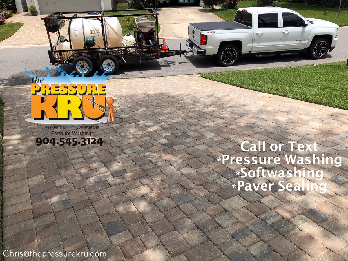 Surface cleaner used on paver driveway in Durbin Crossing, FL after cleaning.