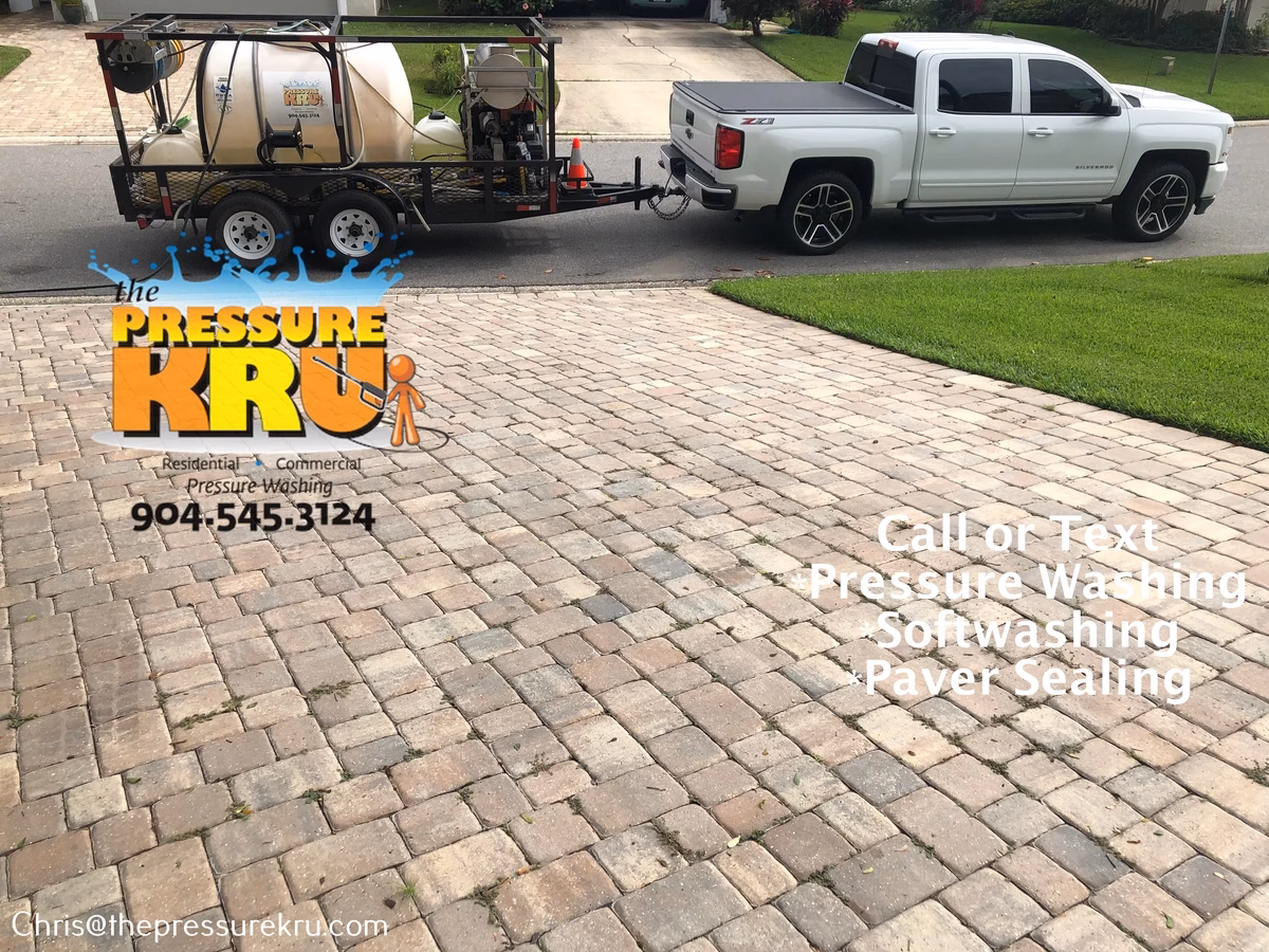 Surface cleaner used on paver driveway in Durbin Crossing, FL before cleaning.