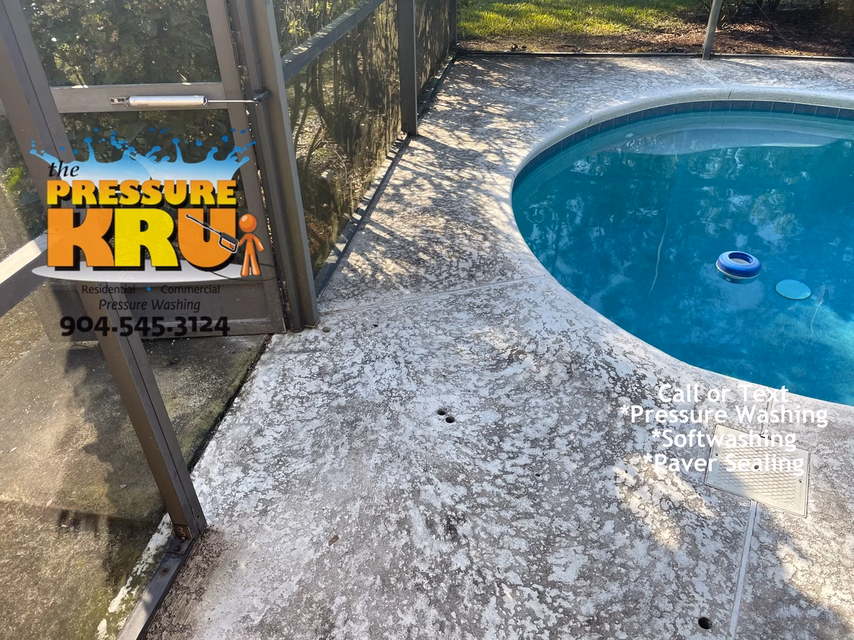 Gentle pressure washing for painted concrete pool deck finish in Oxford Estates before