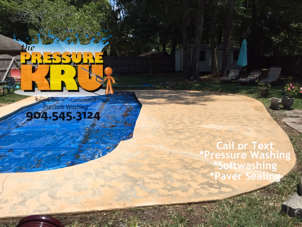Painted swimming pool deck soft pressure wash to remove black mold and algae in heritage landing after