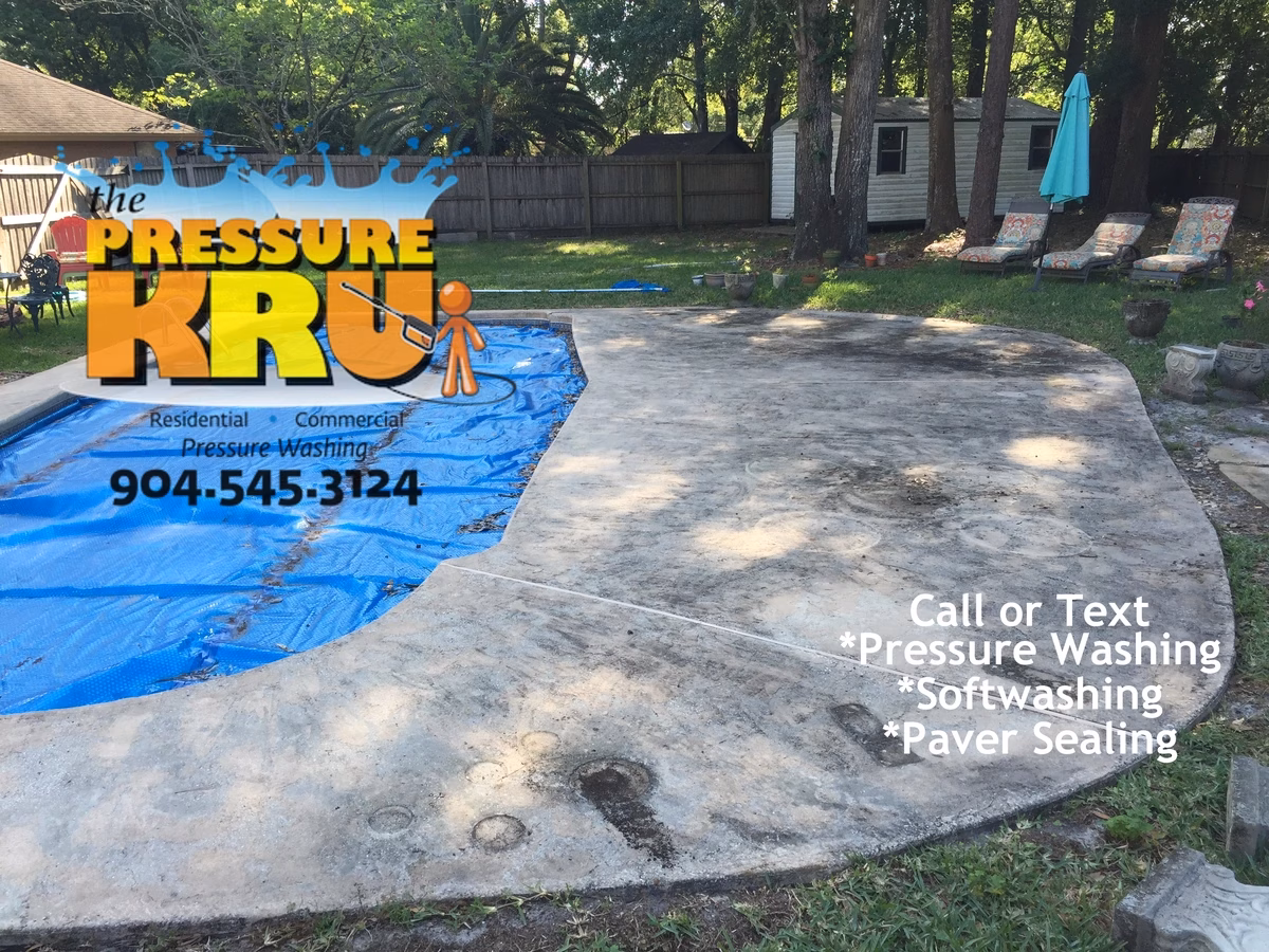 Painted swimming pool deck soft pressure wash to remove black mold and algae in heritage landing before