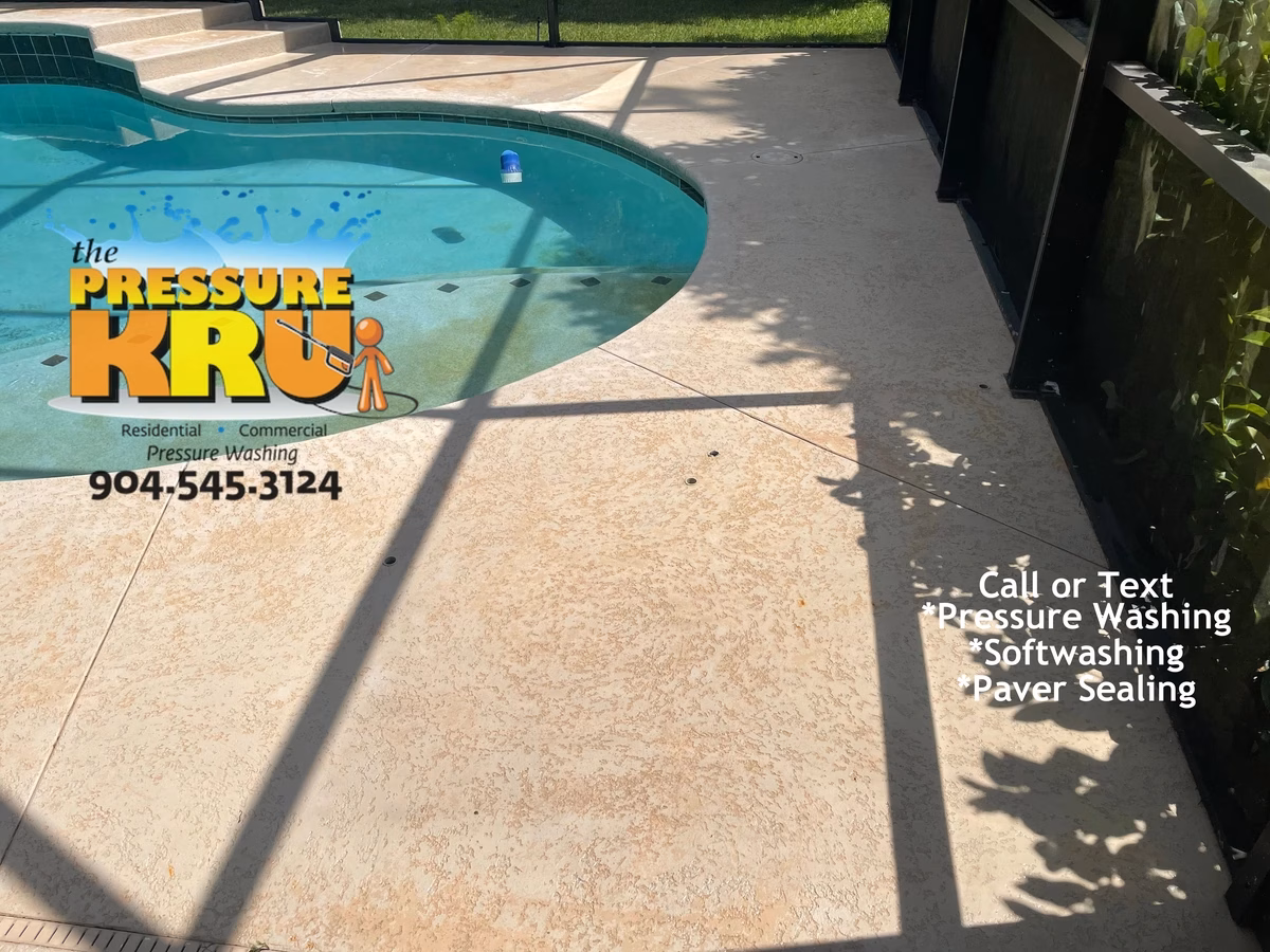Painted pool deck soft washing to preserve what paint is left in Nocatee, FL. Prior heavy pressure cleaning and Mother Nature have taken its toll after cleaning
