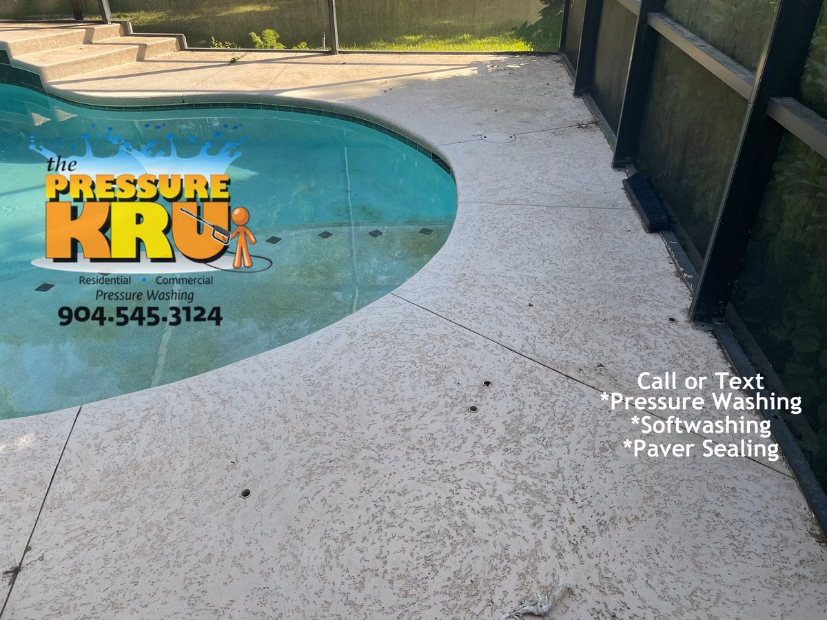 Painted pool deck soft washing to preserve what paint is left in Nocatee, FL. Prior heavy pressure cleaning and Mother Nature have taken its toll before cleaning