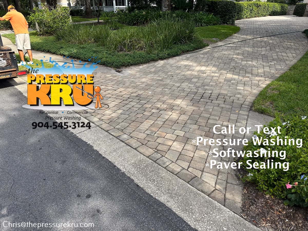 Paver driveway transformation before pressure washing in Stone Creek.