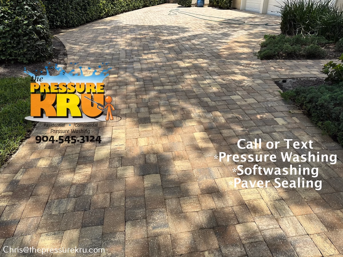 Paver driveway after pressure washing in Mandarin, FL.