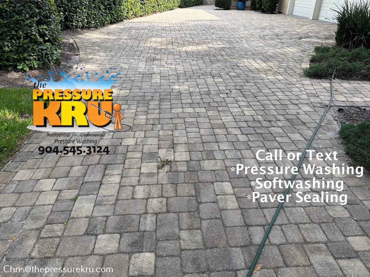Paver driveway before pressure washing in Mandarin, FL.