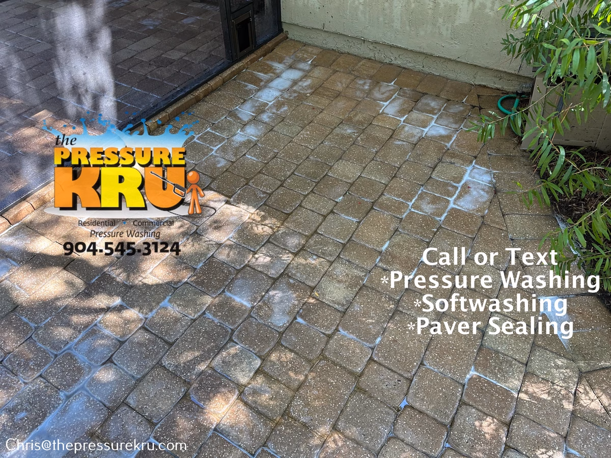 Patio pressure washing improves the appearance of pavers in St. Johns Forest after