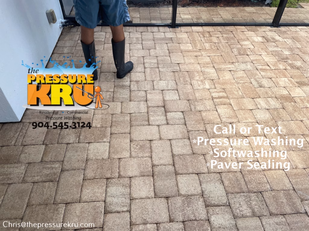 Pressure washing restored color to a paver patio in Julington Creek Plantation after.