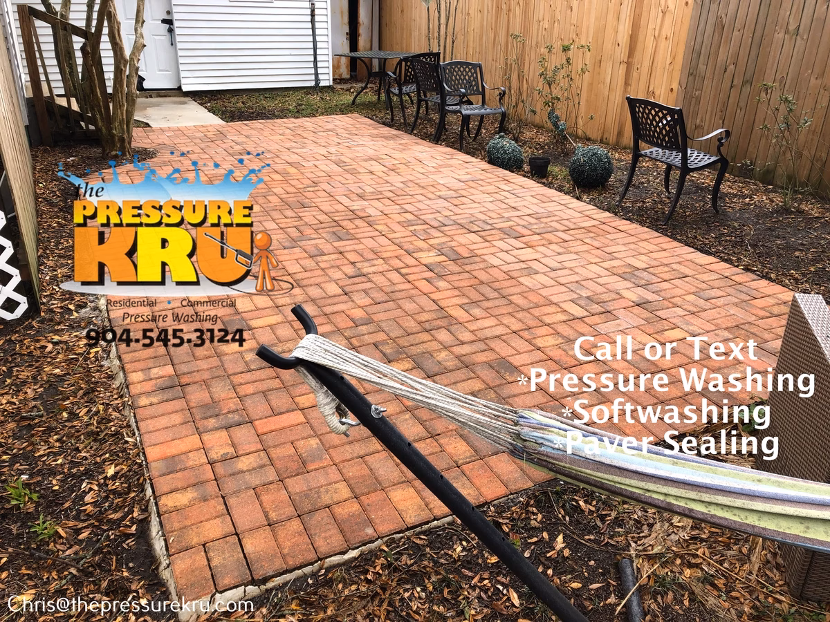Deep cleaning a paver patio covered by trees in South Hampton after