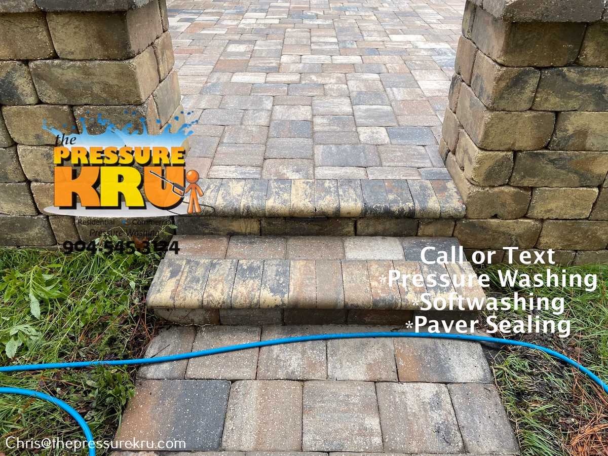 Paver patio cleaning after pressure washing and chemical application in Silverleaf.
