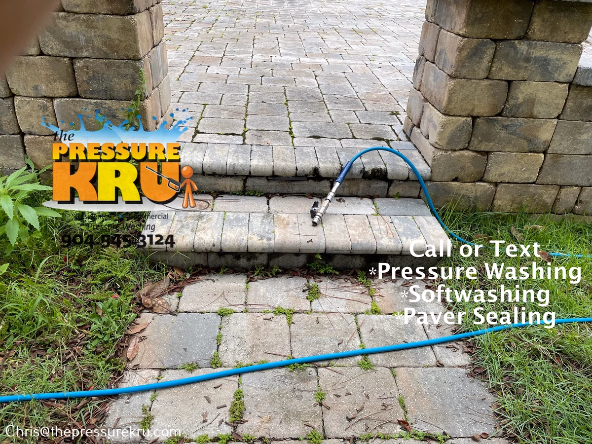 Paver patio cleaning before pressure washing and chemical application in Silverleaf.