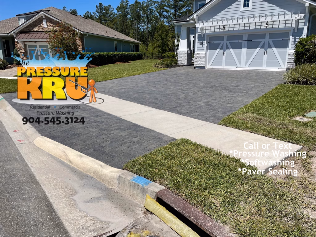 Paver sealing driveway color enhanced and joint stabilization completed. Home near St. Johns, FL