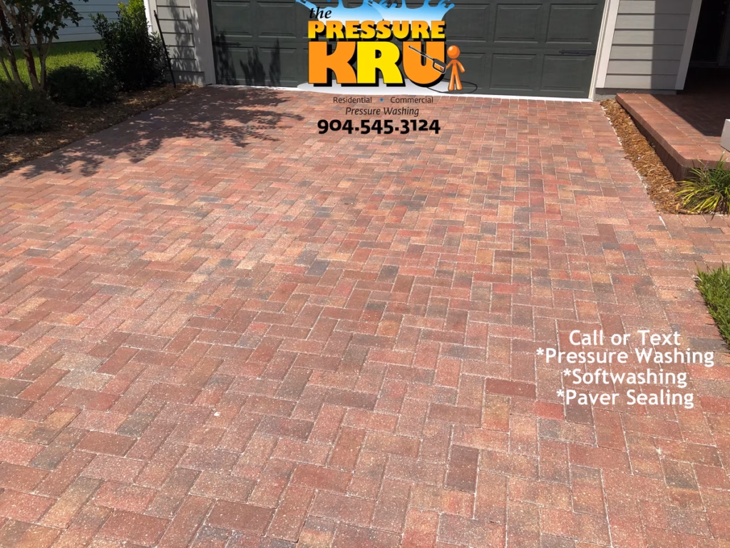 Brick paver sealing in St. Augustine, FL. These tire shine marks were hidden on the dry pavers. Soon as they got wet from cleaning they jumped right out. Never spray tire shine on your driveway pavers or concrete. after