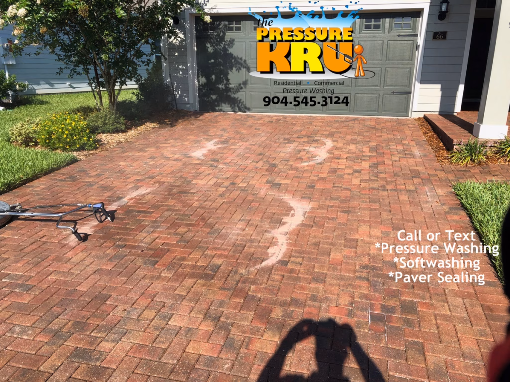 Brick paver sealing in St. Augustine, FL. These tire shine marks were hidden on the dry pavers. Soon as they got wet from cleaning they jumped right out. Never spray tire shine on your driveway pavers or concrete. Before