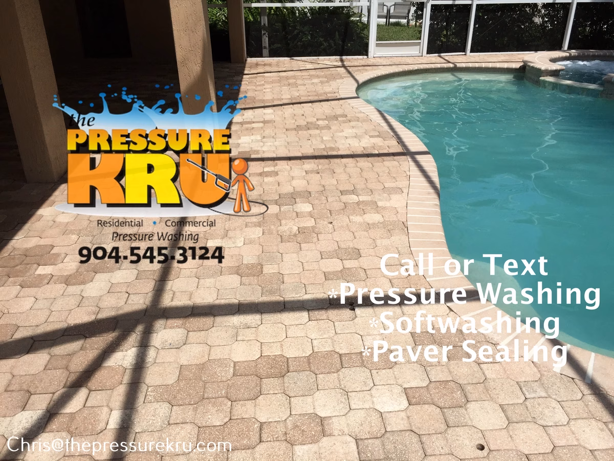 Pool deck pavers brightened after pressure washing in Deer Creek after