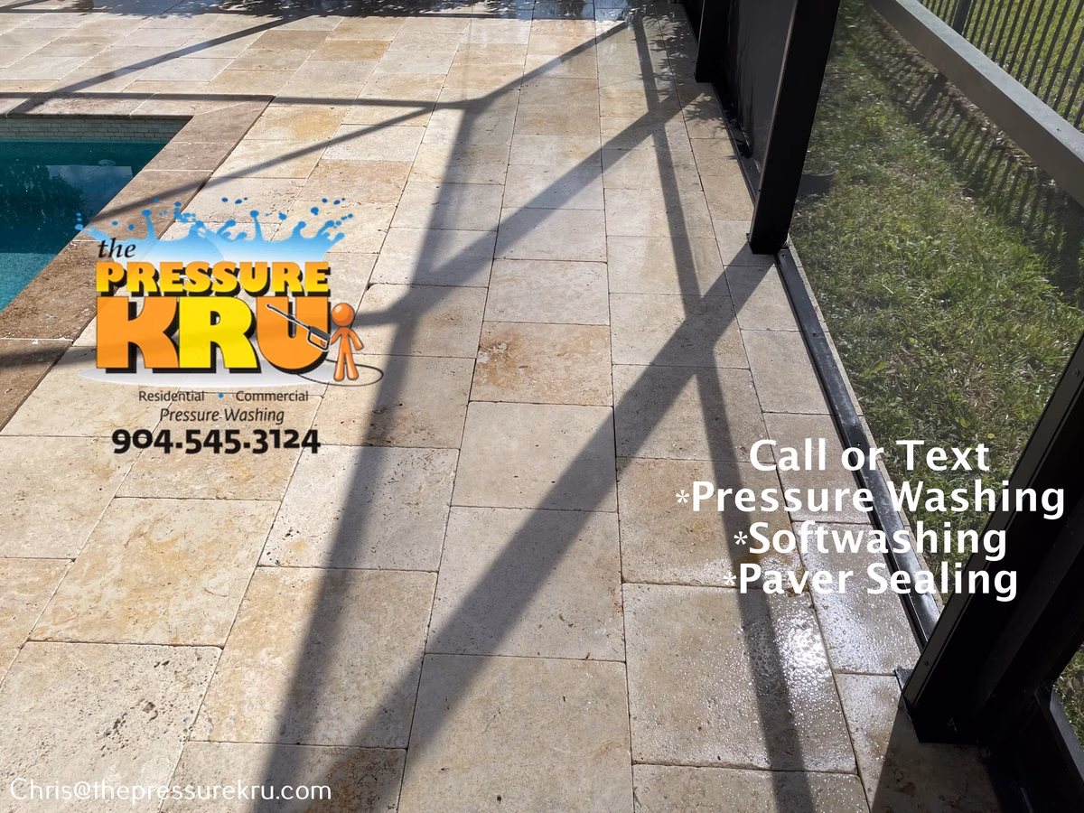 Pool deck pressure washing removed dirt and green algae in The Plantation after.