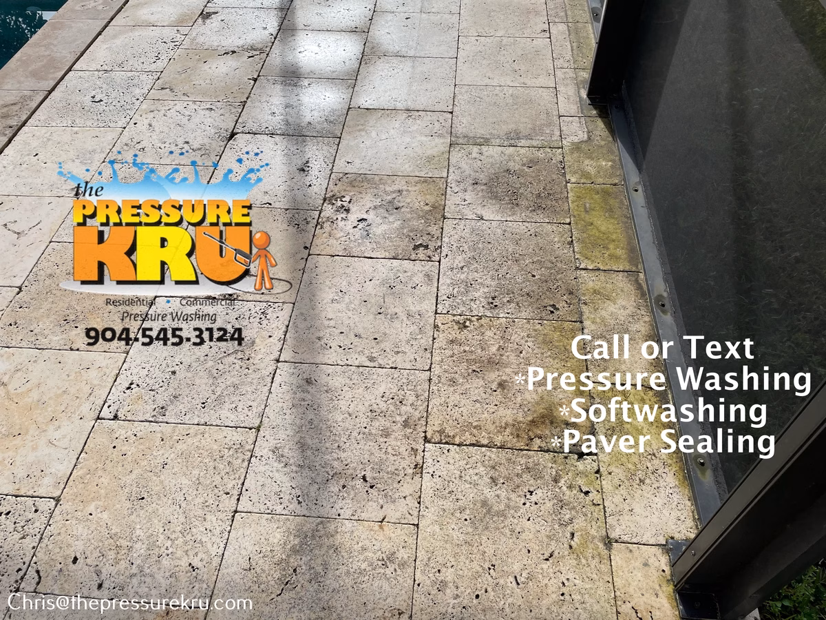 Pool deck pressure washing removed dirt and green algae in The Plantation before.